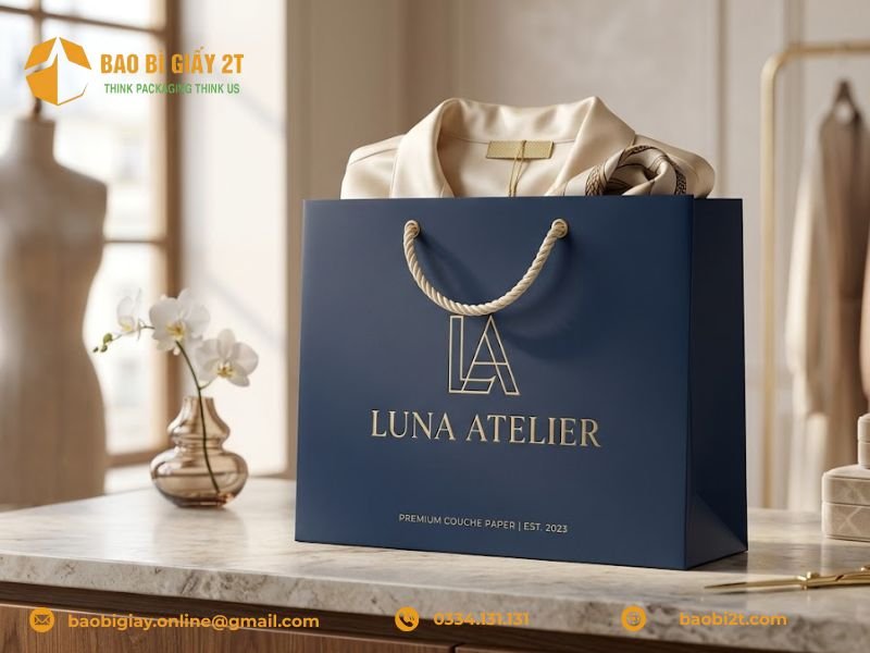 Mẫu in túi Couche giấy đựng quần áo làm nổi bật họa tiết, logo