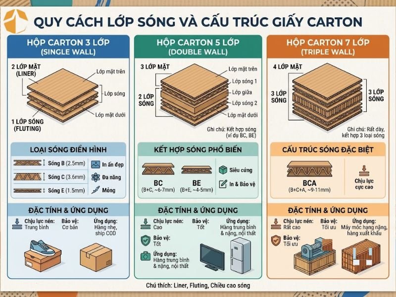 Cấu trúc sóng giấy thùng carton 3 lớp và 5 lớp - Yếu tố ảnh hưởng đến giá thùng carton trực tiếp