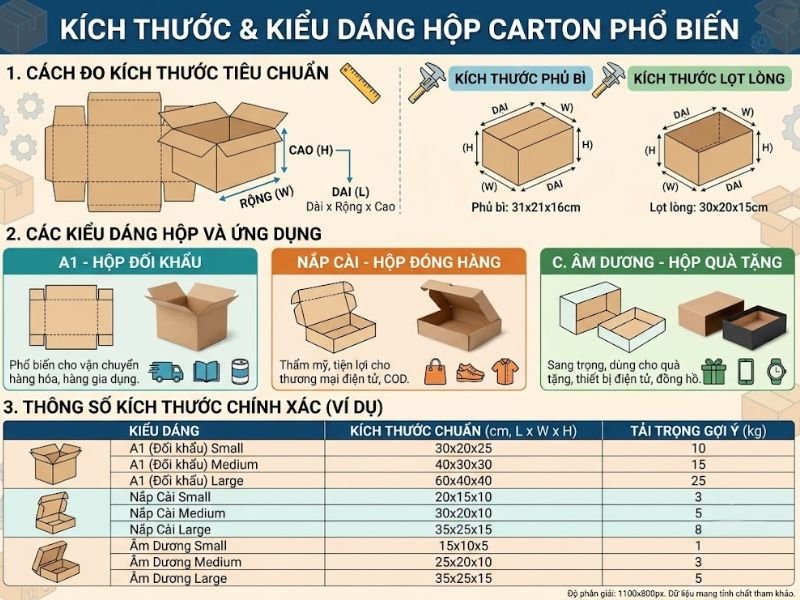 Quy cách kích thước và kiểu dáng hộp - Các yếu tố ảnh hưởng đến giá thùng carton dễ gây lãng phí ngầm