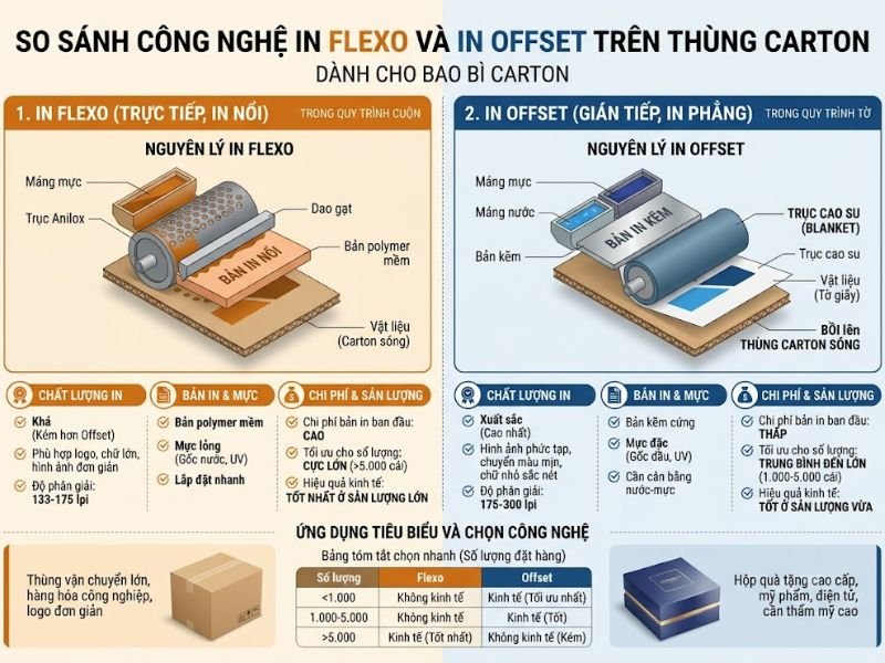 Chi phí in hộp carton bằng công nghệ Flexo và Offset - Yếu tố ảnh hưởng đến giá thùng carton