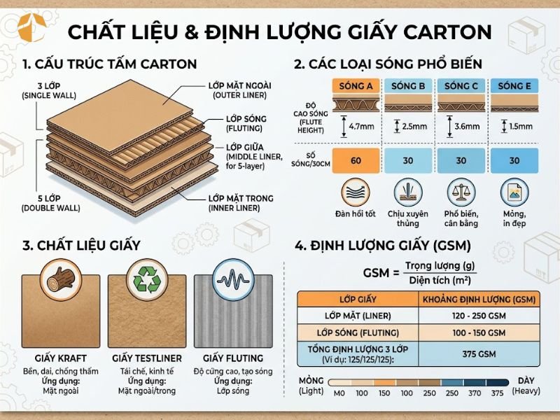 Định lượng giấy carton (GSM) và chất liệu - Yếu tố ảnh hưởng đến giá thùng carton lớn nhất
