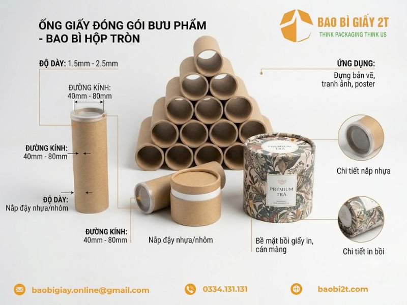 Sản xuất ống giấy đóng gói bưu phẩm, bao bì hộp tròn